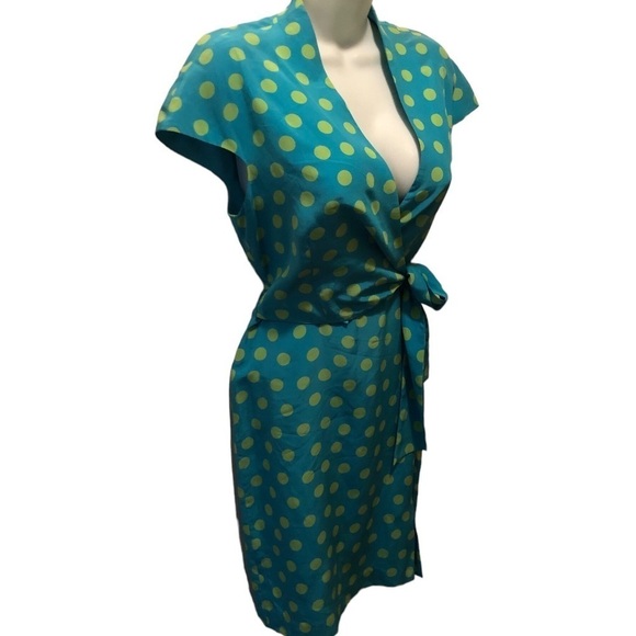 VTG Spenser Jeremy Petites200% Silk Wrap Dress Sz.10 Turquoise Green Polka Dot - Picture 3 of 9